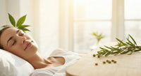 Une femme détendue dort paisiblement dans une chambre lumineuse, entourée de branches de mélatonine naturelle pour un sommeil réparateur.