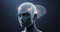 Illustration explicative de la neuroplasticité cérébrale et de l'impact de la nutrition sur les capacités du cerveau, avec un cerveau en transparence et des connexions neuronales lumineuses.