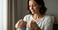 Une femme souriante et soulagée tenant son genou, illustrant la prévention et la gestion des erreurs classiques qui endommagent les genoux sans le savoir.