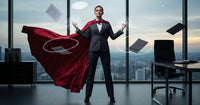 Un homme d'affaires en costume avec cape rouge, illustrant la puissance mentale et la concentration, dans un bureau moderne avec vue sur la ville.