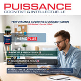 Infographie sur les bienfaits de Mémoplus pour la mémoire, la concentration et le soutien cognitif