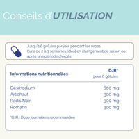 Conseils d'utilisation du complément Drainage & Détox hépatique, cure de 2 à 3 semaines avec 6 gélules par jour, riche en plantes actives.