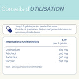 Conseils d'utilisation du complément Drainage & Détox hépatique, cure de 2 à 3 semaines avec 6 gélules par jour, riche en plantes actives.