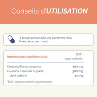 Conseils d'utilisation de Tonus Biotonique, 2 gélules par jour pendant 1 mois, avec détails nutritionnels sur le ginseng et le guarana bio.