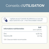 Conseils d'utilisation du complément Équilibre Zinc B6 : 2 gélules par jour, cure de 1 mois, avec informations nutritionnelles détaillées.
