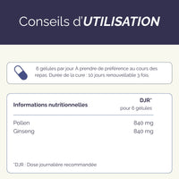 Conseils d'utilisation de Mémoboost : 6 gélules par jour pendant 10 jours, avec informations nutritionnelles sur le pollen et le ginseng.