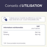 Conseils d'utilisation de Mémoboost : 6 gélules par jour pendant 10 jours, avec informations nutritionnelles sur le pollen et le ginseng.
