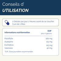 Conseils d’utilisation du complément Nuit paisible : 2 gélules par jour, 2h avant le coucher, avec détails nutritionnels pour chaque plante.