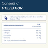 Conseils d’utilisation du complément Nuit paisible : 2 gélules par jour, 2h avant le coucher, avec détails nutritionnels pour chaque plante.
