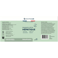 Étiquette produit Nootrolab Drainage & Détox Hépatique, complément alimentaire bio en gélules pour le foie, à base d’artichaut, radis noir, desmodium et romarin.