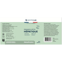 Étiquette produit Drainage & Détox hépatique Nootrolab, informations nutritionnelles et conseils d’utilisation pour une cure détox foie.