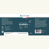 Étiquette complète du flacon Nuit Tranquille Sommeil+ avec composition, précautions et informations fabricant.