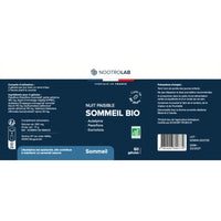 Étiquette complète du flacon Nuit paisible sommeil bio de Nootrolab avec composition, conseils d’utilisation et certification AB.