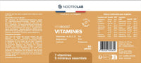 Étiquette complète du flacon Vitaboost avec composition, posologie, valeurs nutritionnelles et code-barres, multivitamines fabriquées en France.