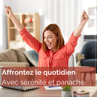Jeune femme heureuse travaillant à domicile, énergie et sérénité