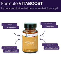 Présentation des bienfaits de Vitaboost : énergie quotidienne, soutien immunitaire, équilibre mental et sécurité, multivitamines fabriquées en France.