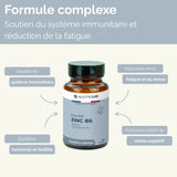 Complément Équilibre Zinc B6 avec bienfaits illustrés : immunité, stress, fatigue, fertilité et stress oxydatif, idéal pour cure bien-être.