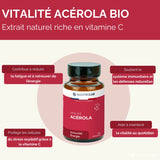 Infographie acérola bio, vitamine C, soutien immunitaire, réduction fatigue, vitalité