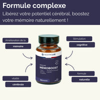Complément Mémoboost avec bienfaits sur la mémoire, la vitalité cérébrale et la stimulation cognitive, formule naturelle pour performance mentale.