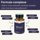 Complément Mémoboost avec bienfaits sur la mémoire, la vitalité cérébrale et la stimulation cognitive, formule naturelle pour performance mentale.