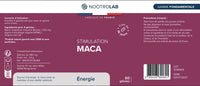 Étiquette du flacon Maca Bio Nootrolab avec détails sur ingrédients, posologie et bienfaits pour vitalité, stress et performances sexuelles.