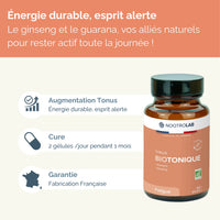 Présentation des effets de Tonus Biotonique, cure bio pour énergie durable et esprit alerte, fabriquée en France avec ginseng et guarana.