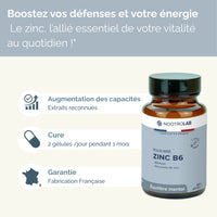 Mise en avant des avantages du produit Équilibre Zinc B6 - Cure Zinc B6 | Immunité, Énergie, Stress : efficacité, fabrication française, vitalité.