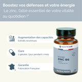 Mise en avant des avantages du produit Équilibre Zinc B6 - Cure Zinc B6 | Immunité, Énergie, Stress : efficacité, fabrication française, vitalité.