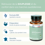 Avantages de la cure articulation Souplesse Articulaire Naturelle : ingrédients bio, préparation à base de plantes, cure d’un mois, fabrication française garantie.