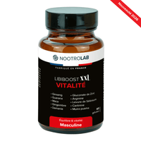 Complément alimentaire Libiboost XXL en bouteille brun foncé avec bouchon noir